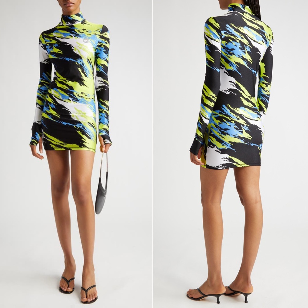 Coperni Print Long Sleeve Mock Neck Jersey Mini Dress Sz S MSRP $500